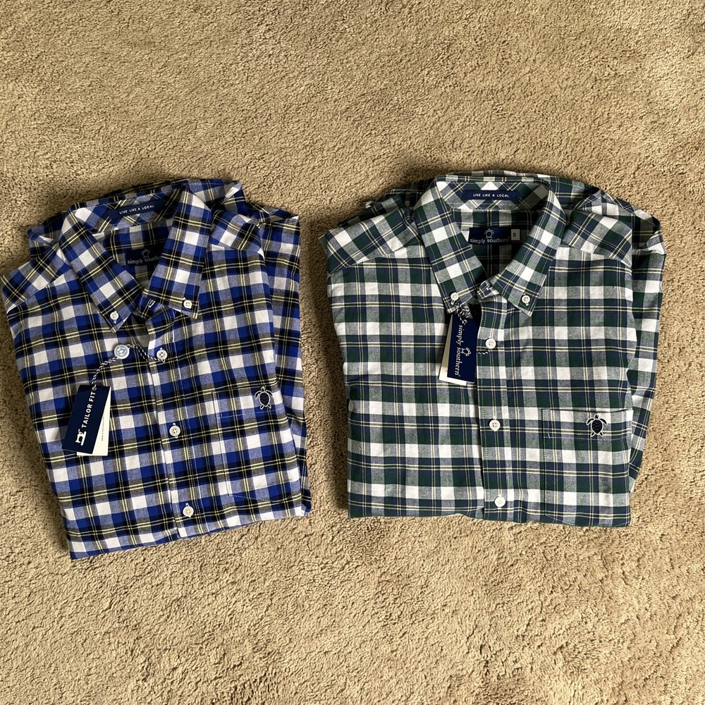 Simply Southern Parker Oxford Plaid Button Down Shirts Lot of 2 Mens Small NWT